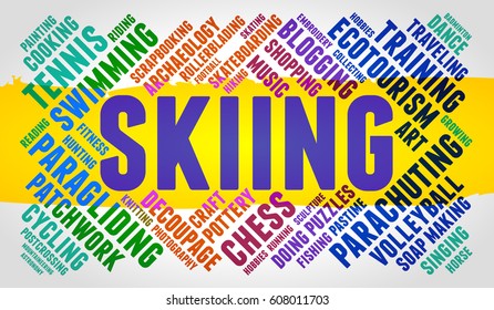 Skiing. Word cloud, multicolor font, yellow stripe, grey gradient background. Hobby.