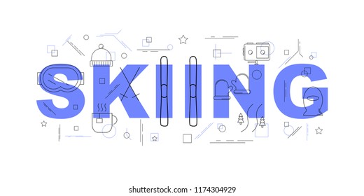 Skiing word with line icon. Linear vector pattern. Vector illustration