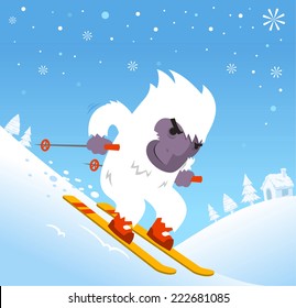 Skiing Yeti with snowflakes and mountain vector illustration