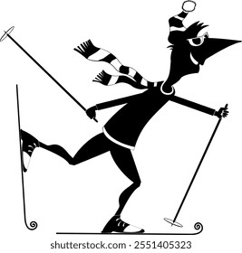 Skiing young man. Winter sport. Young skier man. Black and white illustration	