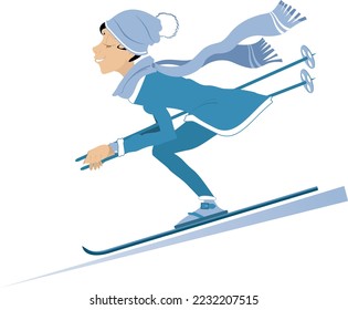 Skiing young woman illustration. 
Winter sport. Young skier woman. Isolated on white background
