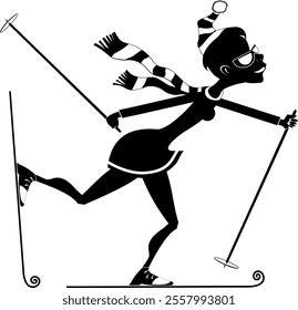 Skiing young woman. Winter sport. Skier girl. Black and white illustration	