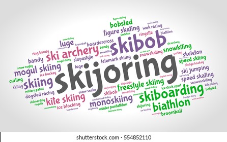 Skijoring. Word cloud, colored italic font, grey gradient background. Winter sport