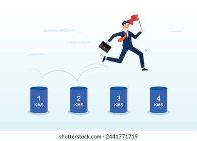 
Skilful businessman holding success flag jumping on milestones reaching target, project milestone to progress toward business goal, journey or execution to achieve business success (Vector)