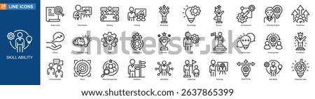 Skill Ability icon collection line style, Project Goal, Presentation, Meeting, Training, Motivation, Knowledge, Success, Development, Potential Student, Vector illustration
