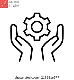 Skill ability icon. Skilled employee. Gear and hand symbol of talents abilities. Leadership capability, competency outline style. Editable stroke Vector illustration design on white background. EPS 10