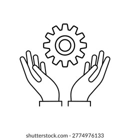 Skill ability icon. Skilled employee. Gear and hand symbol of talents abilities. Leadership capability, competency outline style. Editable stroke Vector illustration design on white background. EPS 10