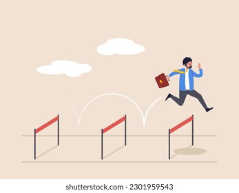 Skill or aspiration to solve problem concept. Business challenge, overcome difficulty or obstacle to achieve business success, effort. Ambitious businessman jump over hurdles.