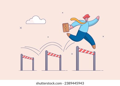 Skill or aspiration to solve problem concept. Business challenge, overcome difficulty or obstacle to achieve business success, effort. Ambitious businessman jump over hurdles.