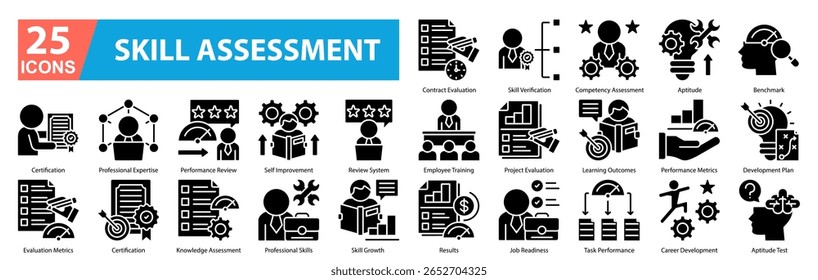 Ícone de Avaliação de Habilidades Definir avaliação de contrato, treinamento de funcionários, resultados, verificação de habilidades, avaliação de competência, aptidão, benchmark, certificação, experiência profissional, análise de desempenho
