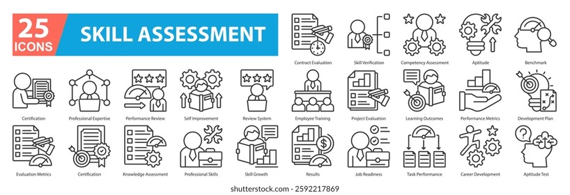 Skill Assesment Icon Sheet contract evaluation, employee training, results, skill verification, competency assessment, aptitude, benchmark, certification, professional expertise, performance review, s