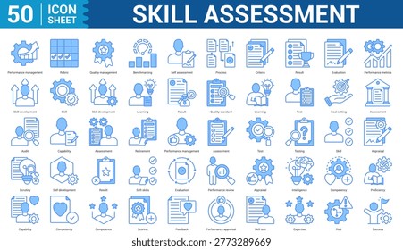  Skill Assessment  editbale Icon Set Collection Concept With Icon Of performance management, rubric, quality management, benchmarking, self assessment, process, criteria, result, and more. Illustration eps 10