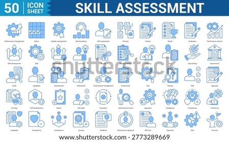  Skill Assessment  editbale Icon Set Collection Concept With Icon Of performance management, rubric, quality management, benchmarking, self assessment, process, criteria, result, and more. Illustration eps 10