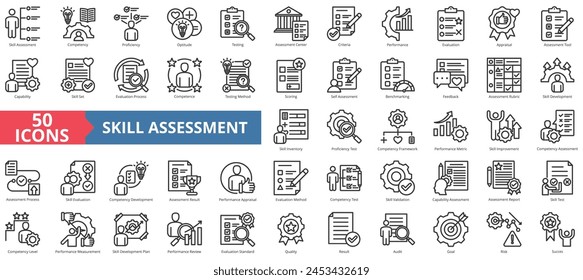 Skill assessment icon collection set. Containing competency, proficiency, aptitude, testing, center, criteria, performance icon. Simple line vector.