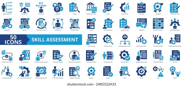 Skill assessment icon collection set. Containing competency, proficiency, aptitude, testing, center, criteria, performance icon. Simple flat vector.