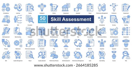 Skill Assessment icon set containing 50 icons including, intelligence, criteria, assessment, appraisal, result, performance management, proficiency, capability, skill, evaluation, simple vectors.