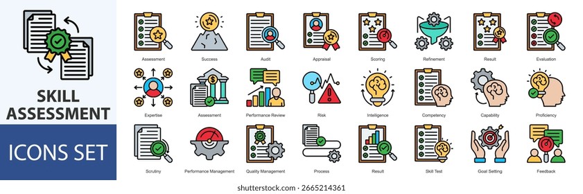 Conjunto de iconos de evaluación de habilidades Evaluación de Vectores, éxito, auditoría, evaluación, puntuación, perfeccionamiento, resultado, evaluación, experiencia, evaluación, revisión de desempeño, riesgo, inteligencia, competencia, capacidad