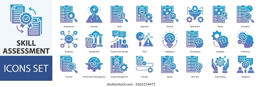 Conjunto de iconos de evaluación de habilidades Evaluación de Vectores, éxito, auditoría, evaluación, puntuación, perfeccionamiento, resultado, evaluación, experiencia, evaluación, revisión de desempeño, riesgo, inteligencia, competencia, capacidad