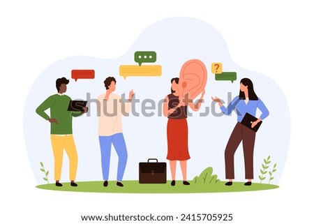 Skill of boss to listen to advice, suggestions and opinions of employees. Tiny businesswoman with big ear to hear people, support manager listening to customers feedback cartoon vector illustration