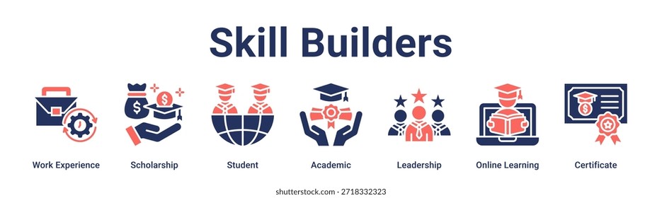 Concepto de Ilustración vectorial del icono del Web del Anuncio de los constructores de la habilidad para la educación con el icono de la experiencia de trabajo, beca, estudiante, académico, liderazgo, aprendizaje en línea.