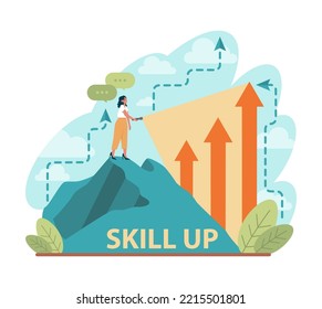 Skill up concept. Increasing of business or professional abilities. Knowledge gaining as a way to success. Digital training and distance learning. Flat vector illustration