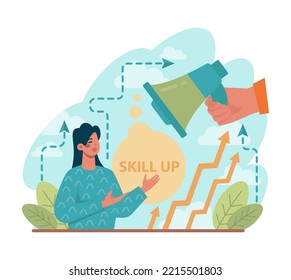 Concepto de habilidad. Aumento de las capacidades empresariales o profesionales. El conocimiento gana como una forma de éxito. Formación digital y aprendizaje a distancia. Ilustración vectorial plana