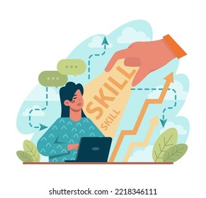 Skill up concept. Increasing of business or professional abilities. Knowledge gaining as a way to success. Digital training and distance learning. Flat vector illustration