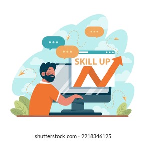 Skill up concept. Increasing of business or professional abilities. Knowledge gaining as a way to success. Digital training and distance learning. Flat vector illustration