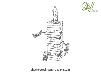 Skill concept sketch. Standing on top of everyone. Arab man, leader achieving success. Floating people playing jenga game. Office, career promotion metaphor drawing. Isolated vector illustration