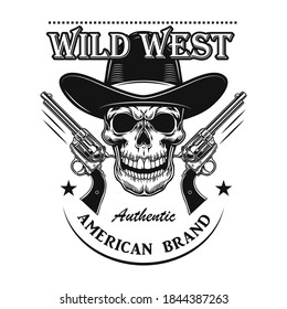 Skill in cowboys hat vector illustration. Head of character, guns and text. Lifestyle concept for wild west or western topics, bar, club or community emblem templates