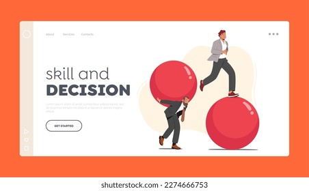 Skill and Decision Landing Page Template. Hard and Easy Problems Solving Concept. Business People Characters with Huge Balls. Career Challenge and Goal Achievement. Cartoon Vector Illustration