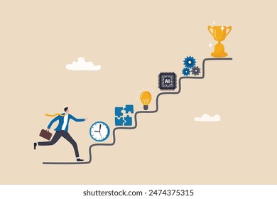 Skill development for career growth to success, leadership ladder or job improvement, experience or motivation to succeed concept, businessman climb up stair of working skill to reach winning trophy.