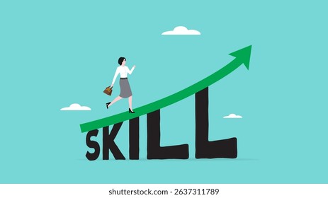 Skill development for career success, motivation to being more professional at work concept, businesswoman stepping up on growing graph over word skill concept vector illustration