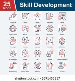 Skill Development ist eine Sammlung von Symbolen, die den Prozess des Erwerbs, der Verbesserung und der Verfeinerung von Fähigkeiten darstellen, einschließlich Führung, emotionaler Intelligenz, Problemlösung, Anpassungsfähigkeit.