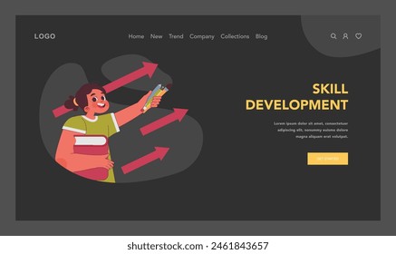 Skill Development concept. A cheerful student with books harnesses the power of education to advance her abilities, illustrated with dynamic arrows indicating growth. Flat vector illustration
