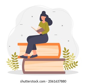 Skill development concept. Girl sits on stack of books and reads. Education, selfdevelopment. Advance training, business, career. Cartoon flat vector illustration isolated on white background