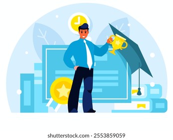 Skill development concept. Successful businessman holding a golden cup in his hands. Diploma and graduation hat. Education concept. Degree certificate. Vector graphics