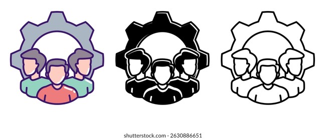 Skill Development icon represented by employees, gear Line, Filled, Color style.