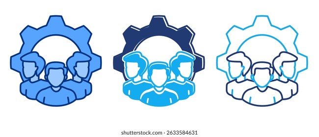 Skill Development icon represented by employees, gear Blue, Dualline, Dualtone style.