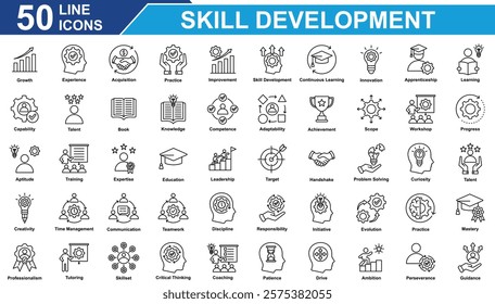 Skill Development Icon Set Collection. Containing Growth, Skill Development, Innovation, Target, Training, Team Work, Problem Solving, Book, Education. Simple Line Vector Illustration.