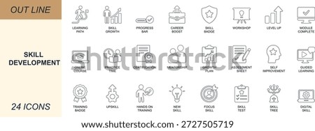 Skill development line icon set. Featuring training, growth, learning, upskill, course, badge, and practice tools. Ideal for UI, LMS, coaching apps, and career platforms.