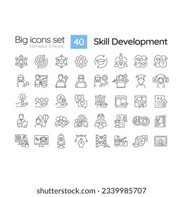 Skill development linear icons set. Professional growth. Training program. Invest in yourself. Goal achievement. Customizable thin line symbols. Isolated vector outline illustrations. Editable stroke