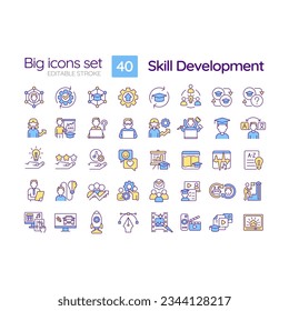 Skill development RGB color icons set. Professional growth. Training program. Learning opportunity. Isolated vector illustrations. Simple filled line drawings collection. Editable stroke