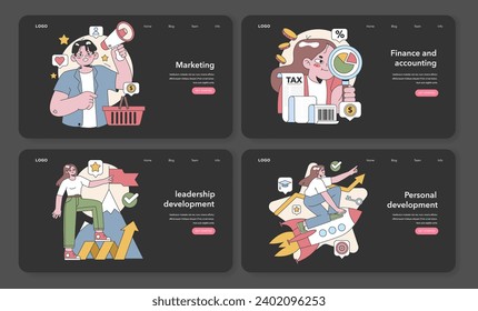 Skill development set. Enthusiastic marketers and accountants engaging in work. Figures climbing leadership and personal growth. Flat vector illustration.