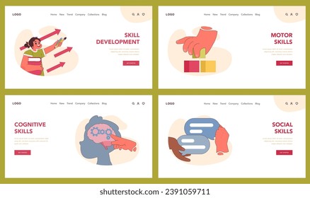 Skill Development set. Illustrating the journey of learning from motor and cognitive to social skills. Critical thinking, emotional intelligence and preparation for adulthood. Flat vector illustration