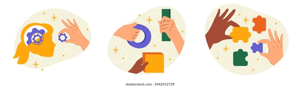 Skill developments set. Hands with coghweels and colorful puzzles, geometric figures. Teamwork, collaboration and cooperation, partnership. Cartoon flat vector collection isolated on white background