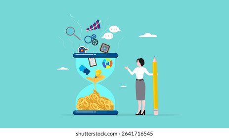 skill to earn money, work experience or skill development, learning new skill, expertise success, business woman converts multiple skills into money using hourglass