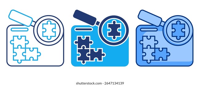Ícone de detector de lacuna de habilidades representado por quebra-cabeça, painel, lente de aumento Azul, Dualline, estilo Dualtone.