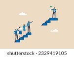 Skill gap, employee difficulty or difference knowledge, competence or career problem, talent obstacle or opportunity challenge concept, business people climb up stair to find sill gap to reach goal.