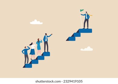 Skill gap, employee difficulty or difference knowledge, competence or career problem, talent obstacle or opportunity challenge concept, business people climb up stair to find sill gap to reach goal.